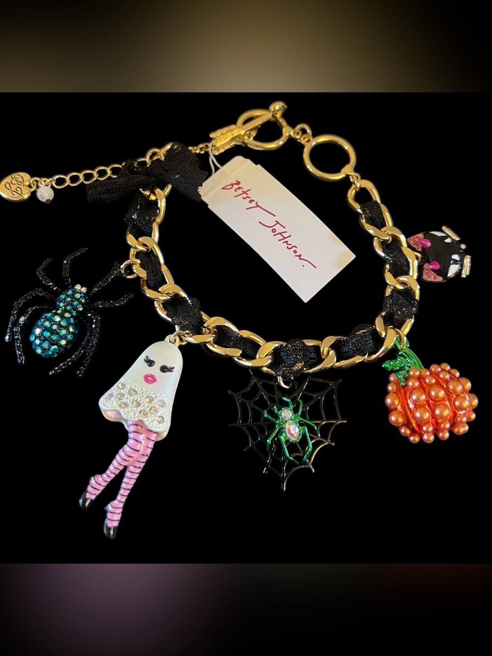 Betsey Johnson Black & Gold Halloween Charm Bracelet with Colorful Charms